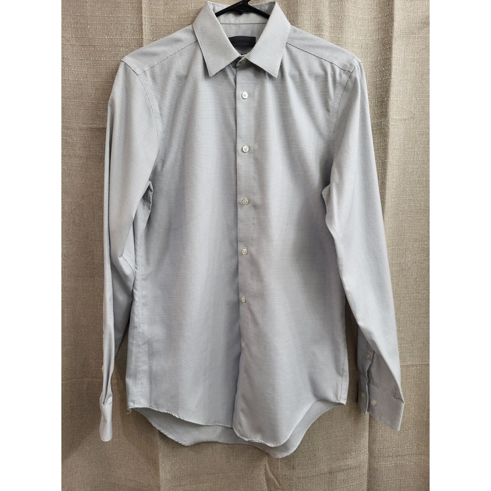 Calvin Klein Mens Slim Fit Non Iron Dress Shirt Grey White Micro Check 15 34/35
